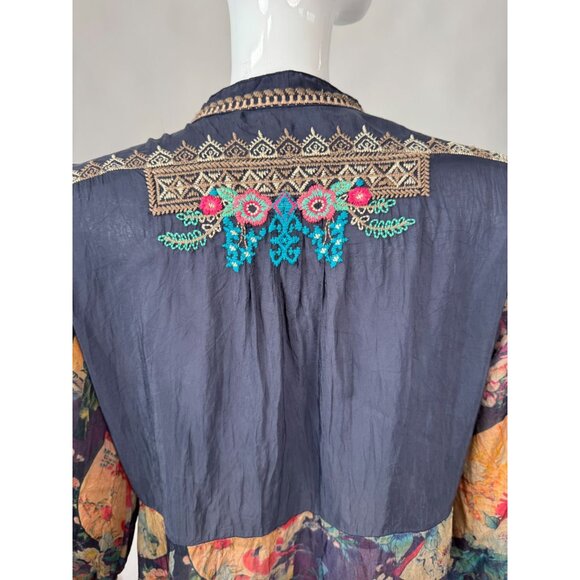 Johnny Was Embroidered Floral Tunic Top With 3/4 Sleeves & Mandarin Collar In Sh - Picture 10 of 16